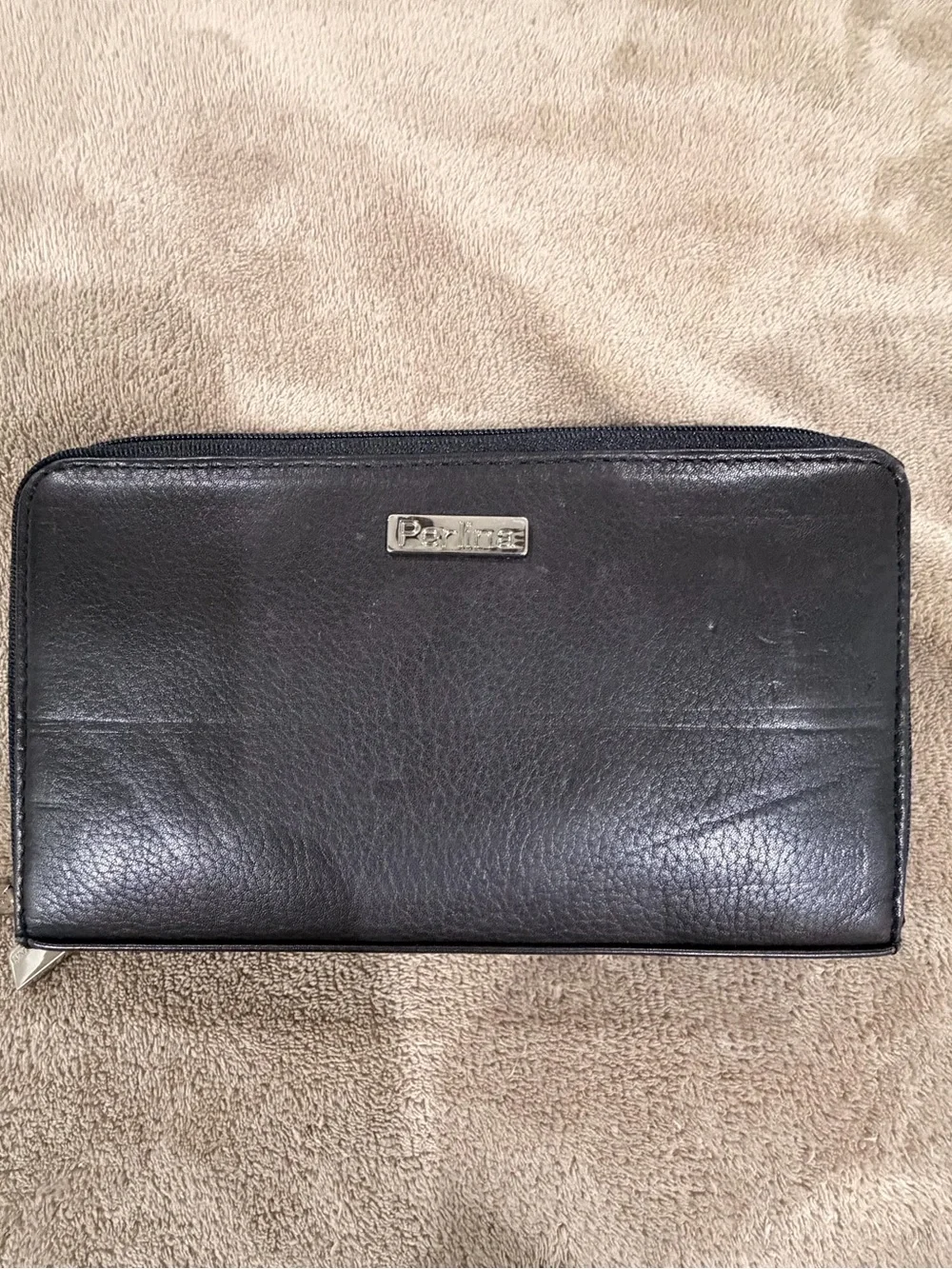 Perlina Black Leather Zip-Around Wallet with Metal Logo